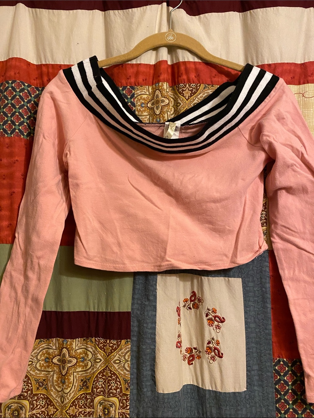 Pink Long-Sleeve Sailor-Collar Crop Top